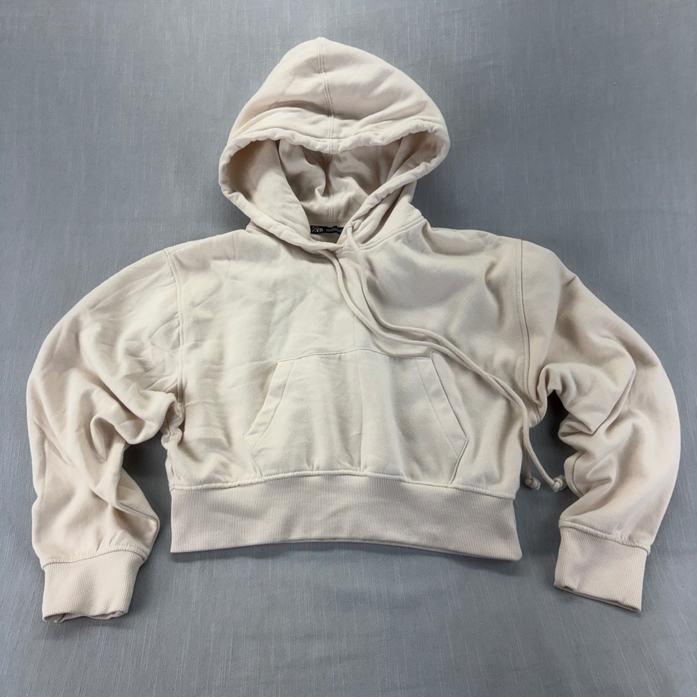 Zara Hoodie Womens Medium Cropped Pullover Cream Fleece Kangaroo Pocket